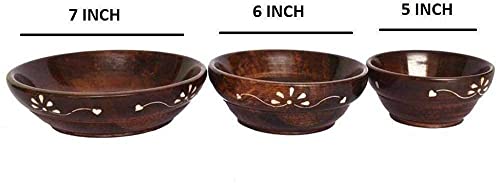 Handcrafted Wooden Nesting Bowl with Floral Carvings, Brown, Set of 3 for Salad, Pasta, Fruit - Dimensions Big 15 cm, Medium 12 cm, Small 10 cm, Depth- 5 cm.