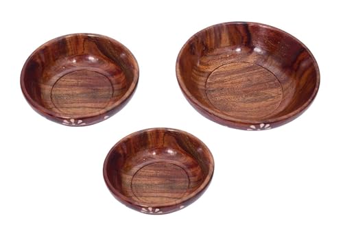 Handcrafted Wooden Nesting Bowl with Floral Carvings, Brown, Set of 3 for Salad, Pasta, Fruit - Dimensions Big 15 cm, Medium 12 cm, Small 10 cm, Depth- 5 cm.
