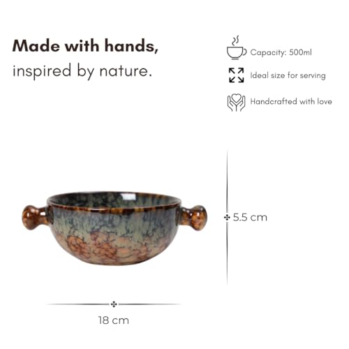 Ceramic Snack Bowl with Handle, 19 cm| Matte Finish, Set of 2 (Abstract Brown, 450 ml)