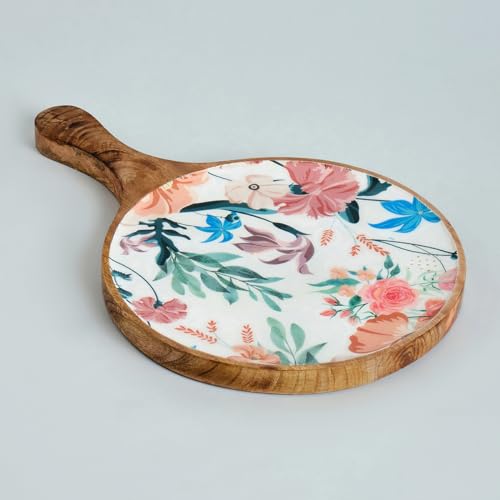 Mango Wood Pizza Serving Platter with a Floral Design