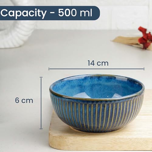 Glam Blue Snack Bowl with Coasters | Dishwasher & Microwave Safe | Mixing Bowl for Snacks, Rice, Dal, Fruits, Salad | 500ml Set of 4