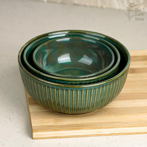 Glam Green Ceramic Bowl Set - Set of 3 | Includes 850 ML, 500 ML, 250 ML Bowls