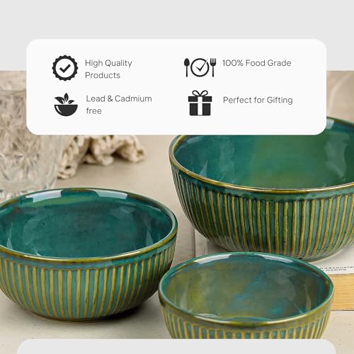 Glam Green Ceramic Bowl Set - Set of 3 | Includes 850 ML, 500 ML, 250 ML Bowls