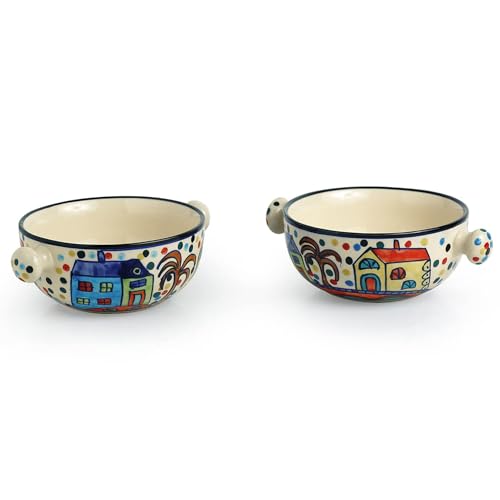 Hand-Painted Ceramic Bowls (Multicolour, 260ml) - Set of 2