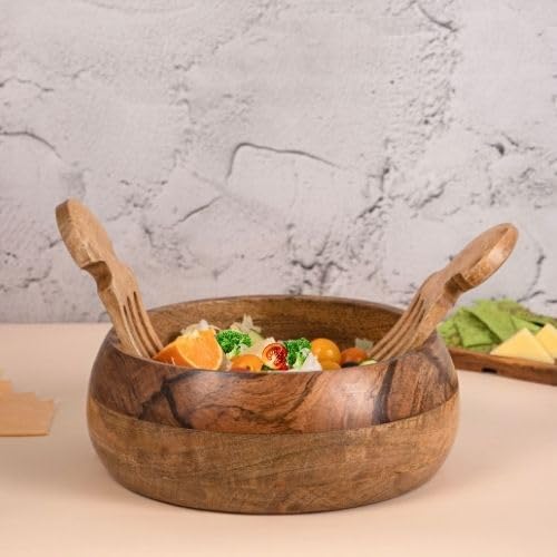 Premium Handcrafted Mango Wood Salad Bowl with 2 Hands