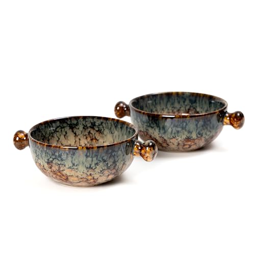 Ceramic Snack Bowl with Handle, 19 cm| Matte Finish, Set of 2 (Abstract Brown, 450 ml)