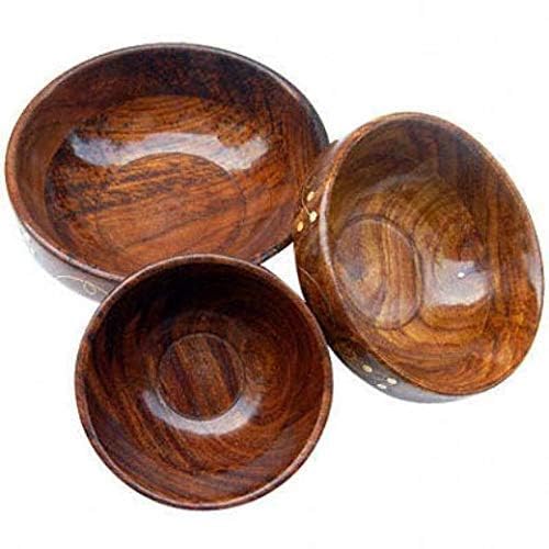 Handcrafted Wooden Nesting Bowl with Floral Carvings, Brown, Set of 3 for Salad, Pasta, Fruit - Dimensions Big 15 cm, Medium 12 cm, Small 10 cm, Depth- 5 cm.