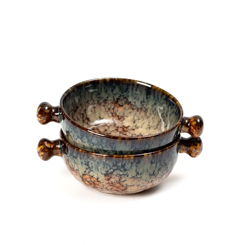 Ceramic Snack Bowl with Handle, 19 cm| Matte Finish, Set of 2 (Abstract Brown, 450 ml)