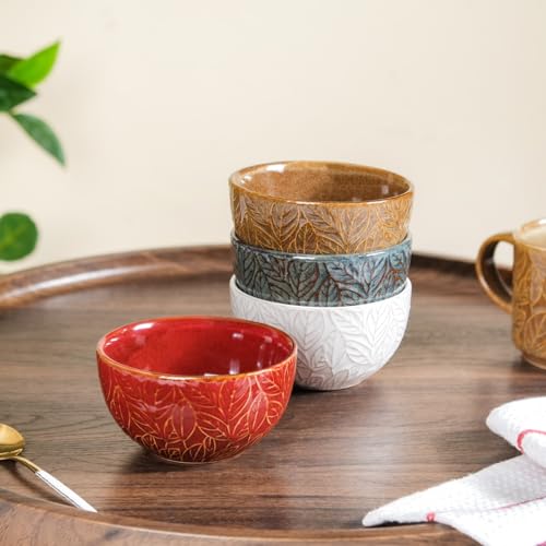 Ceramic Bowl | Dishwasher & Microwave Safe Bowl Set of 4, Leaf Embossed Design Serving Bowl Set (Multicolor - 250ml)