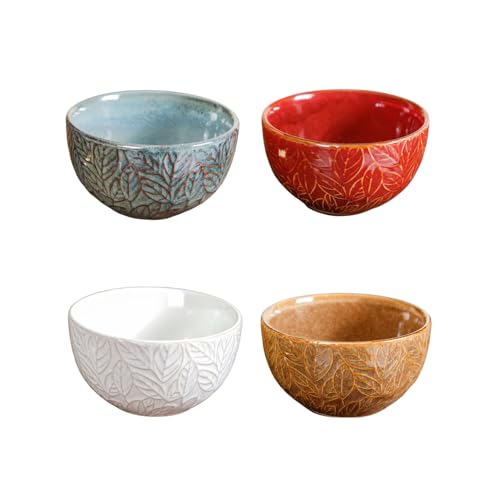 Ceramic Bowl | Dishwasher & Microwave Safe Bowl Set of 4, Leaf Embossed Design Serving Bowl Set (Multicolor - 250ml)