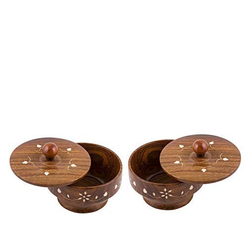Set of 2 Handcrafted Sheesham wooden bowls with lids | Serving Bowl for Salad Snacks Decorated Tableware