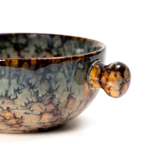 Ceramic Snack Bowl with Handle, 19 cm| Matte Finish, Set of 2 (Abstract Brown, 450 ml)