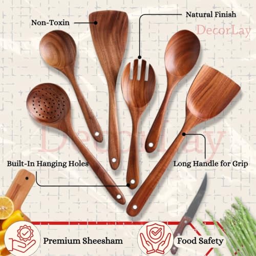 Wooden kitchenware spoon set for cooking (6 spoons, 1 jar)