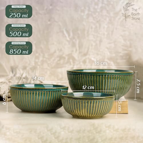 Glam Green Ceramic Bowl Set - Set of 3 | Includes 850 ML, 500 ML, 250 ML Bowls
