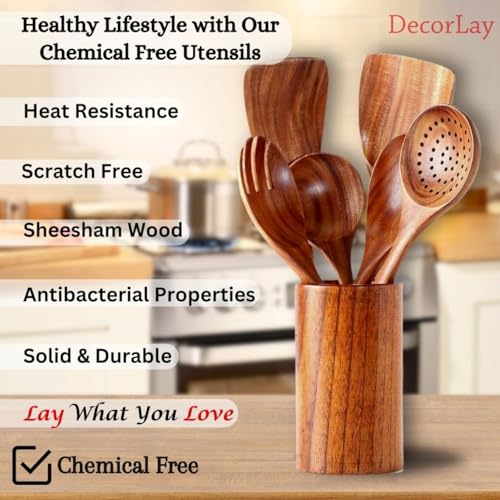 Wooden kitchenware spoon set for cooking (6 spoons, 1 jar)