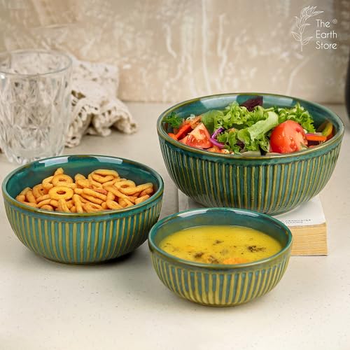 Glam Green Ceramic Bowl Set - Set of 3 | Includes 850 ML, 500 ML, 250 ML Bowls