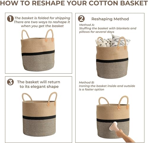 Jute Cotton Laundry Basket, 16 inch Handcrafted Storage Bag for Home, Multi-Purpose Storage with Handle for Living Room Bathroom Laundry & Toys