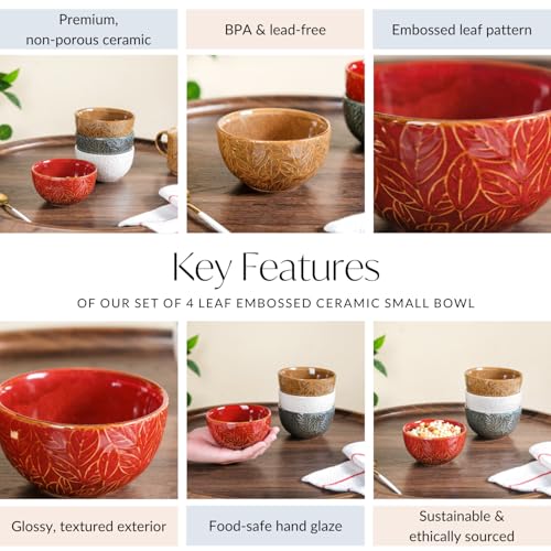 Ceramic Bowl | Dishwasher & Microwave Safe Bowl Set of 4, Leaf Embossed Design Serving Bowl Set (Multicolor - 250ml)