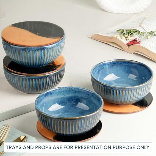 Glam Blue Snack Bowl with Coasters | Dishwasher & Microwave Safe | Mixing Bowl for Snacks, Rice, Dal, Fruits, Salad | 500ml Set of 4