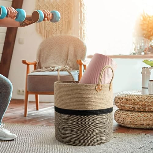 Jute Cotton Laundry Basket, 16 inch Handcrafted Storage Bag for Home, Multi-Purpose Storage with Handle for Living Room Bathroom Laundry & Toys