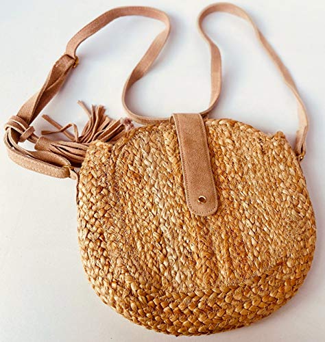 Women's Jute Round Sling Bag, Leather Closure