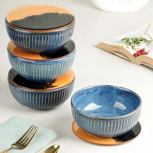 Glam Blue Snack Bowl with Coasters | Dishwasher & Microwave Safe | Mixing Bowl for Snacks, Rice, Dal, Fruits, Salad | 500ml Set of 4