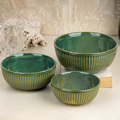 Glam Green Ceramic Bowl Set - Set of 3 | Includes 850 ML, 500 ML, 250 ML Bowls