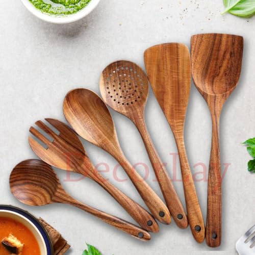 Wooden kitchenware spoon set for cooking (6 spoons, 1 jar)