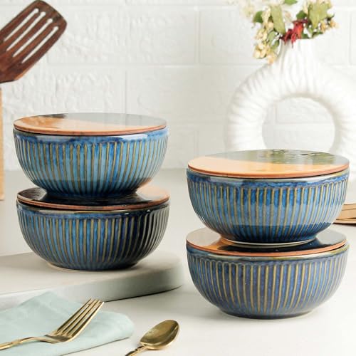 Glam Blue Snack Bowl with Coasters | Dishwasher & Microwave Safe | Mixing Bowl for Snacks, Rice, Dal, Fruits, Salad | 500ml Set of 4