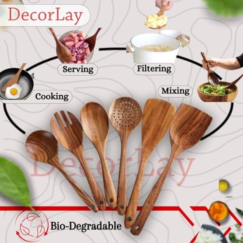 Wooden kitchenware spoon set for cooking (6 spoons, 1 jar)
