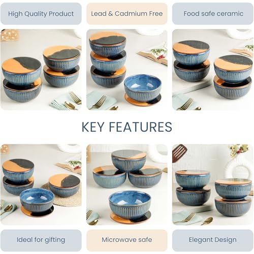 Glam Blue Snack Bowl with Coasters | Dishwasher & Microwave Safe | Mixing Bowl for Snacks, Rice, Dal, Fruits, Salad | 500ml Set of 4