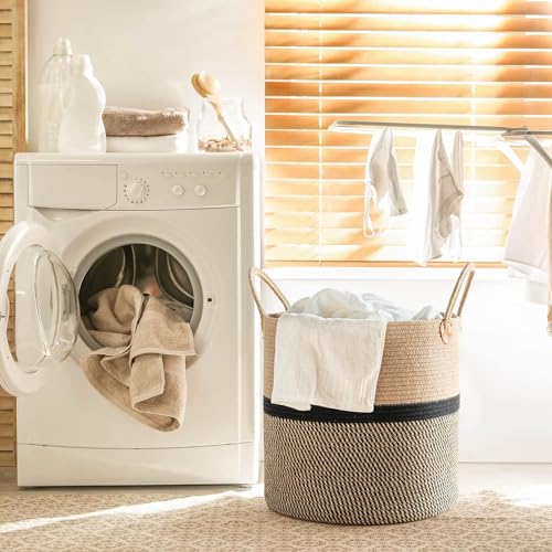 Jute Cotton Laundry Basket, 16 inch Handcrafted Storage Bag for Home, Multi-Purpose Storage with Handle for Living Room Bathroom Laundry & Toys