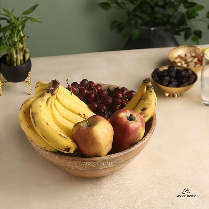 Premium Wooden Serving Bowl with Spoons -Botanical Pattern,Fruit Bowl, Salad Bowl(12x4.5 Inch)