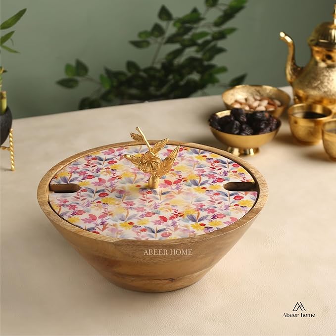 Premium Wooden Serving Bowl with Spoons -Botanical Pattern,Fruit Bowl, Salad Bowl(12x4.5 Inch)