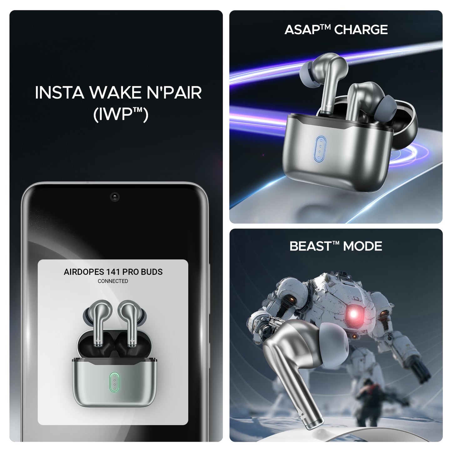 boAt Airdopes 141 Pro Buds, 13mm Drivers, Metallic Finish, 60HRS Battery, 4Mics ENx, Fast Charge, IPX5, v5.3 Bluetooth TWS in Ear Earbuds Wireless Earphones with mic (Surfer Silver)