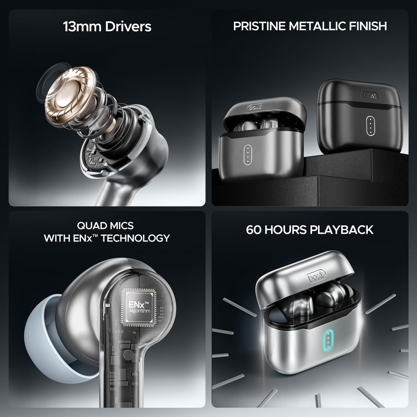 boAt Airdopes 141 Pro Buds, 13mm Drivers, Metallic Finish, 60HRS Battery, 4Mics ENx, Fast Charge, IPX5, v5.3 Bluetooth TWS in Ear Earbuds Wireless Earphones with mic (Surfer Silver)
