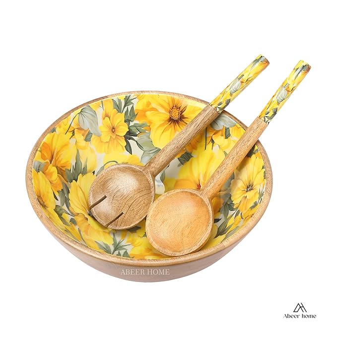 Premium Wooden Serving Bowl with Spoons -Botanical Pattern,Fruit Bowl, Salad Bowl(12x4.5 Inch)