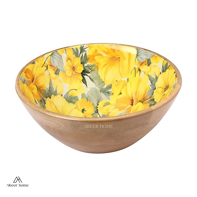 Premium Wooden Serving Bowl with Spoons -Botanical Pattern,Fruit Bowl, Salad Bowl(12x4.5 Inch)