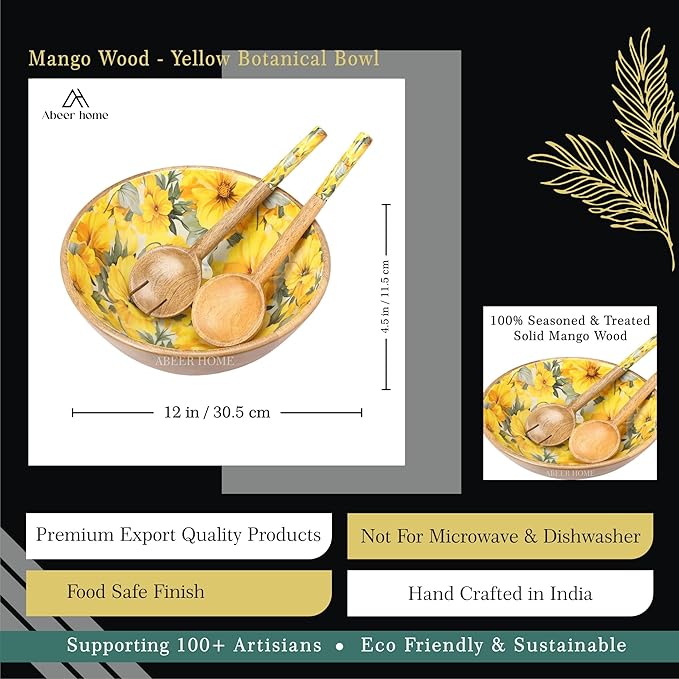 Premium Wooden Serving Bowl with Spoons -Botanical Pattern,Fruit Bowl, Salad Bowl(12x4.5 Inch)