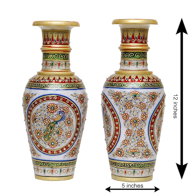 Decorative Marble Flower Vase | Round Shape Beautiful Peacock Style Handpainted Work Showpiece Vases for Home Decoration (Multicolor, 12.5x12.5x30 cm) 12 Inch