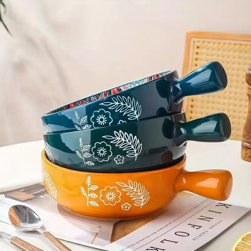 Ceramic Serving Mandala Snack Bowl with Handle (700ml, Pack of 1, Orange)