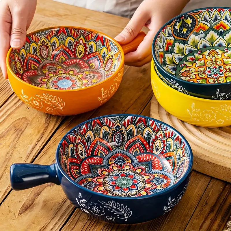 Ceramic Serving Mandala Snack Bowl with Handle (700ml, Pack of 1, Orange)