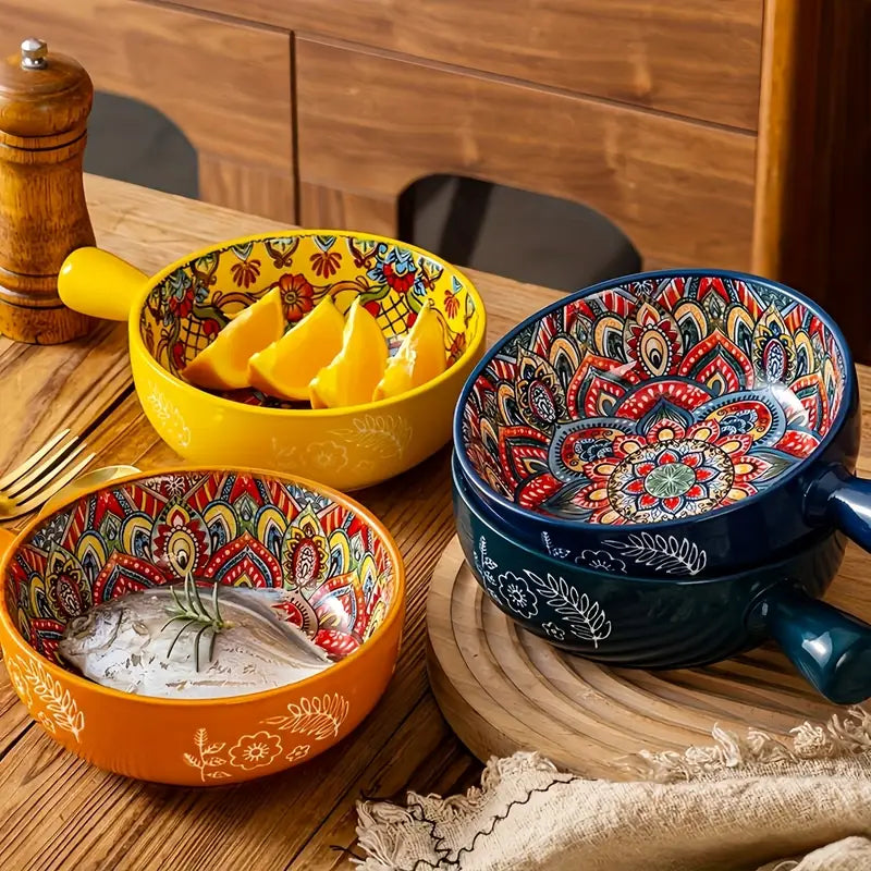 Ceramic Serving Mandala Snack Bowl with Handle (700ml, Pack of 1, Orange)