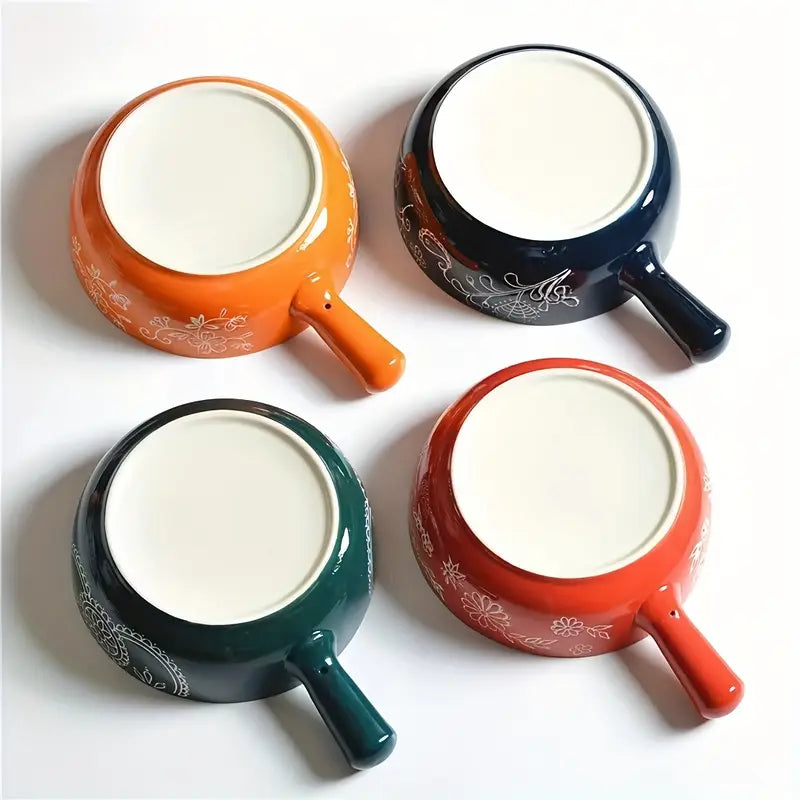 Ceramic Serving Mandala Snack Bowl with Handle (700ml, Pack of 1, Orange)