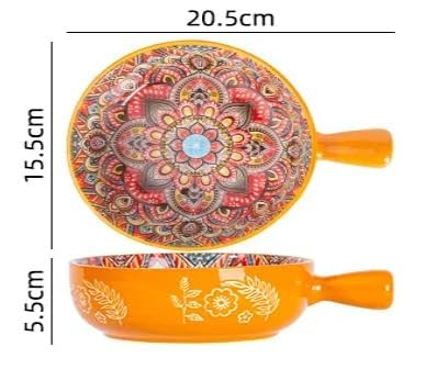 Ceramic Serving Mandala Snack Bowl with Handle (700ml, Pack of 1, Orange)