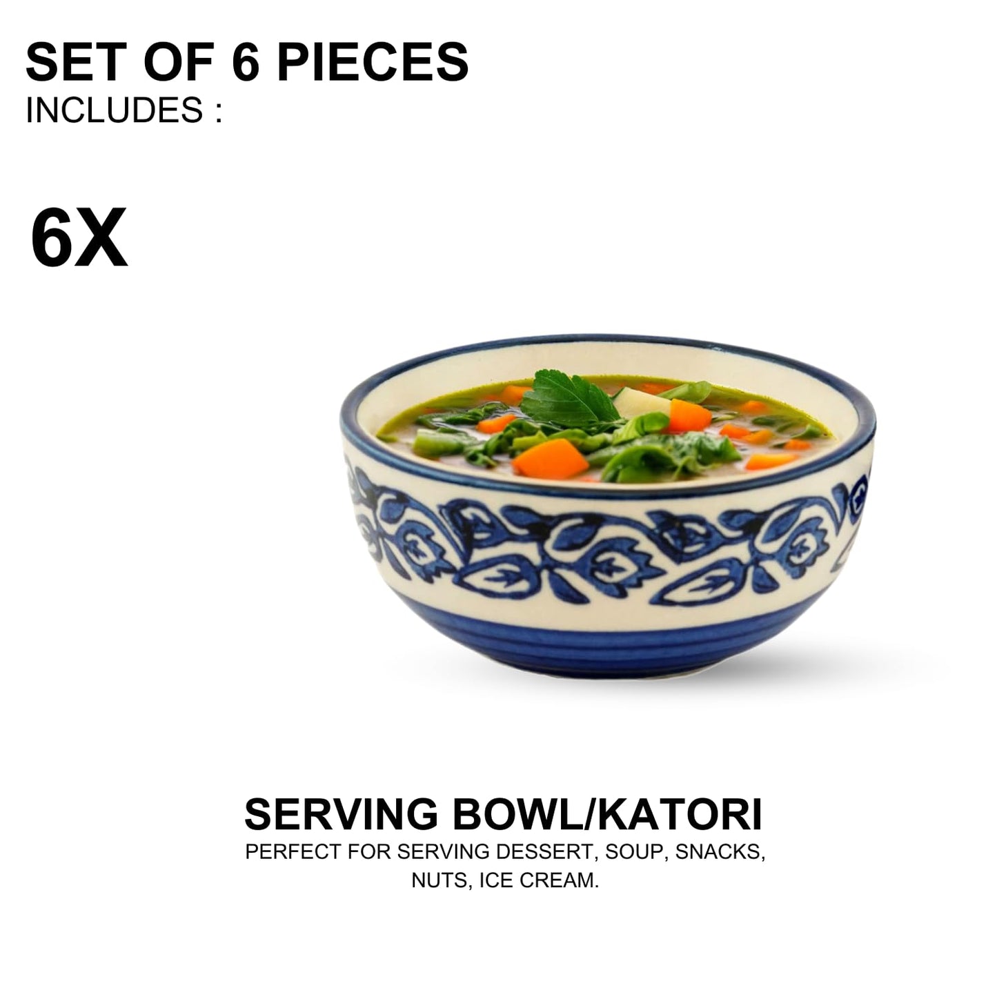 Hand-Painted Floral Glossy Blue & White Ceramic Bowl Set of 4 (150ml)
