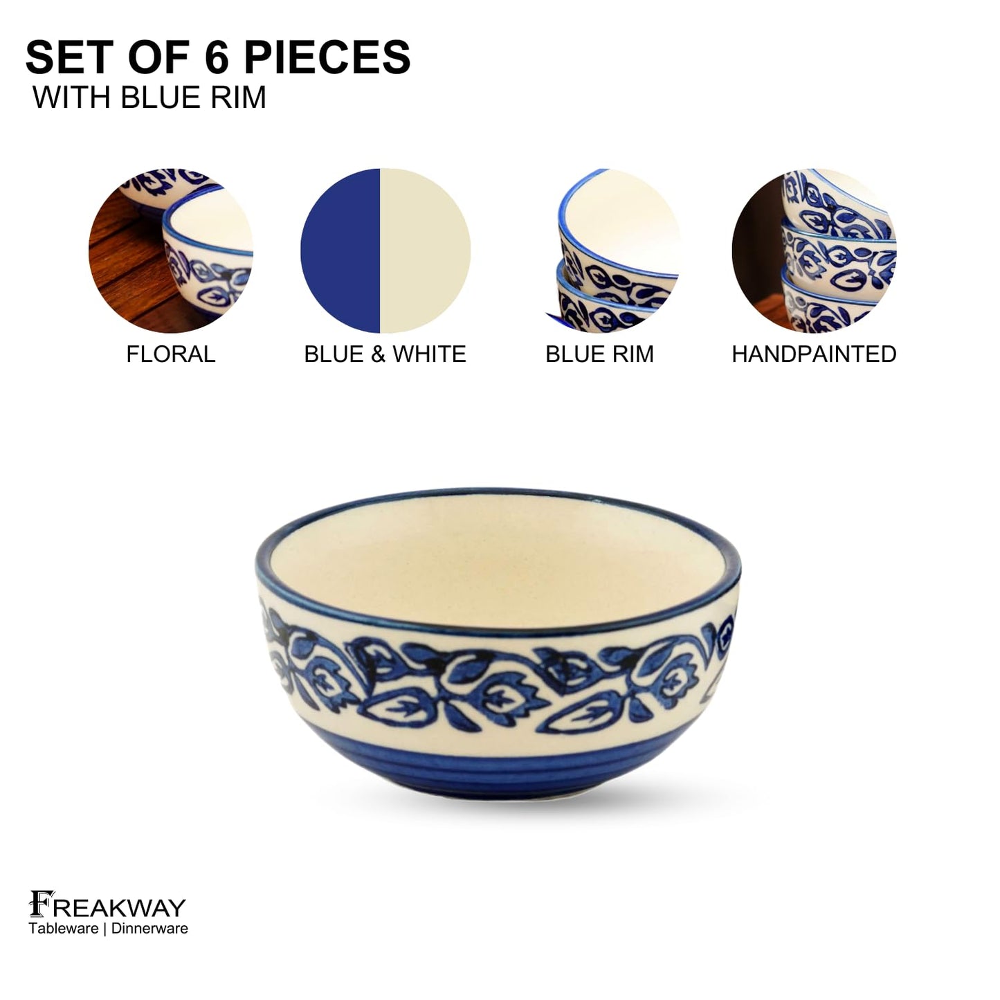 Hand-Painted Floral Glossy Blue & White Ceramic Bowl Set of 4 (150ml)