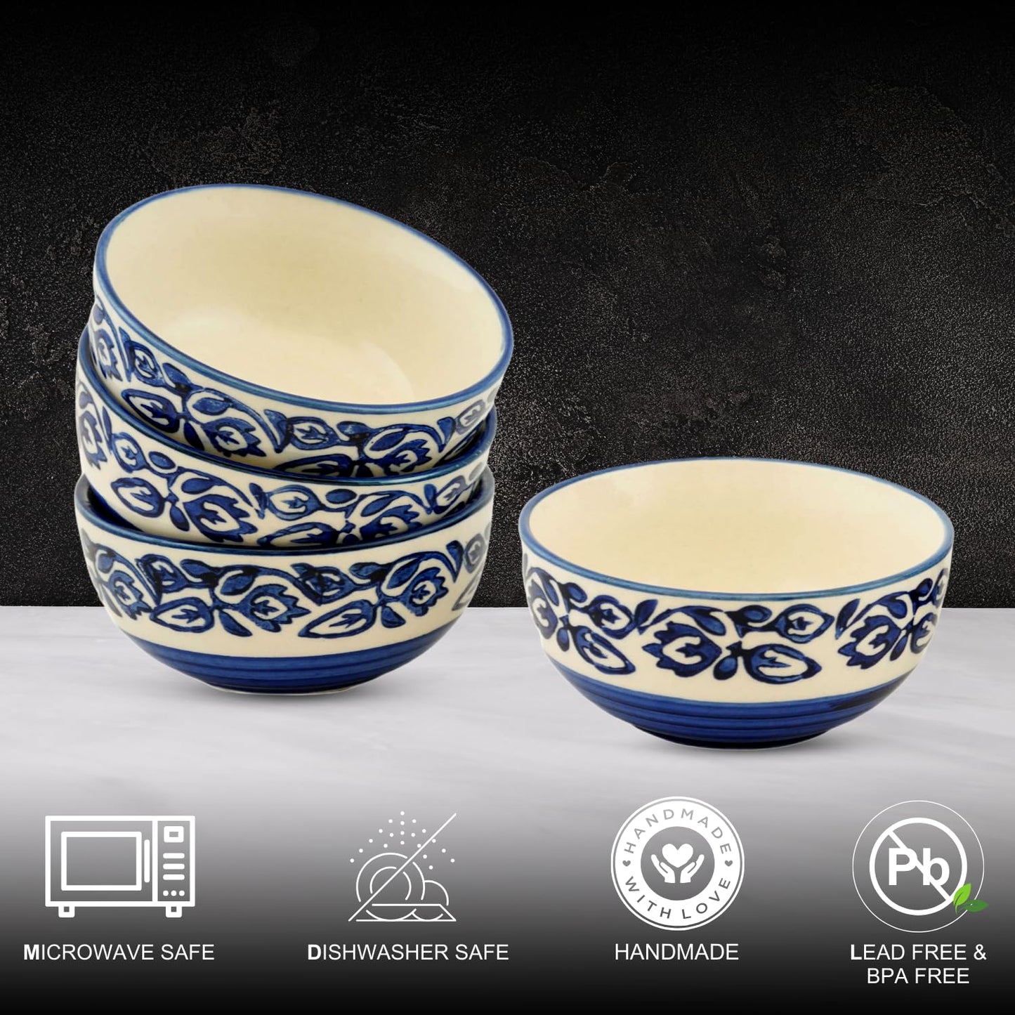 Hand-Painted Floral Glossy Blue & White Ceramic Bowl Set of 4 (150ml)