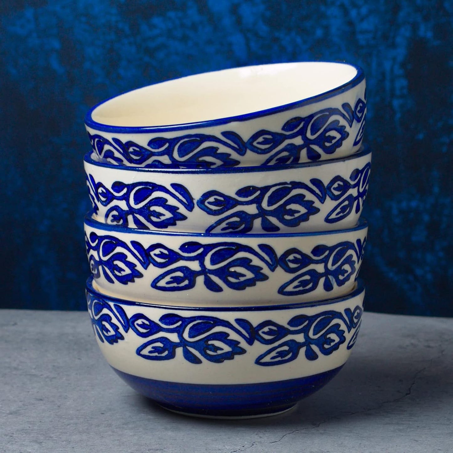 Hand-Painted Floral Glossy Blue & White Ceramic Bowl Set of 4 (150ml)