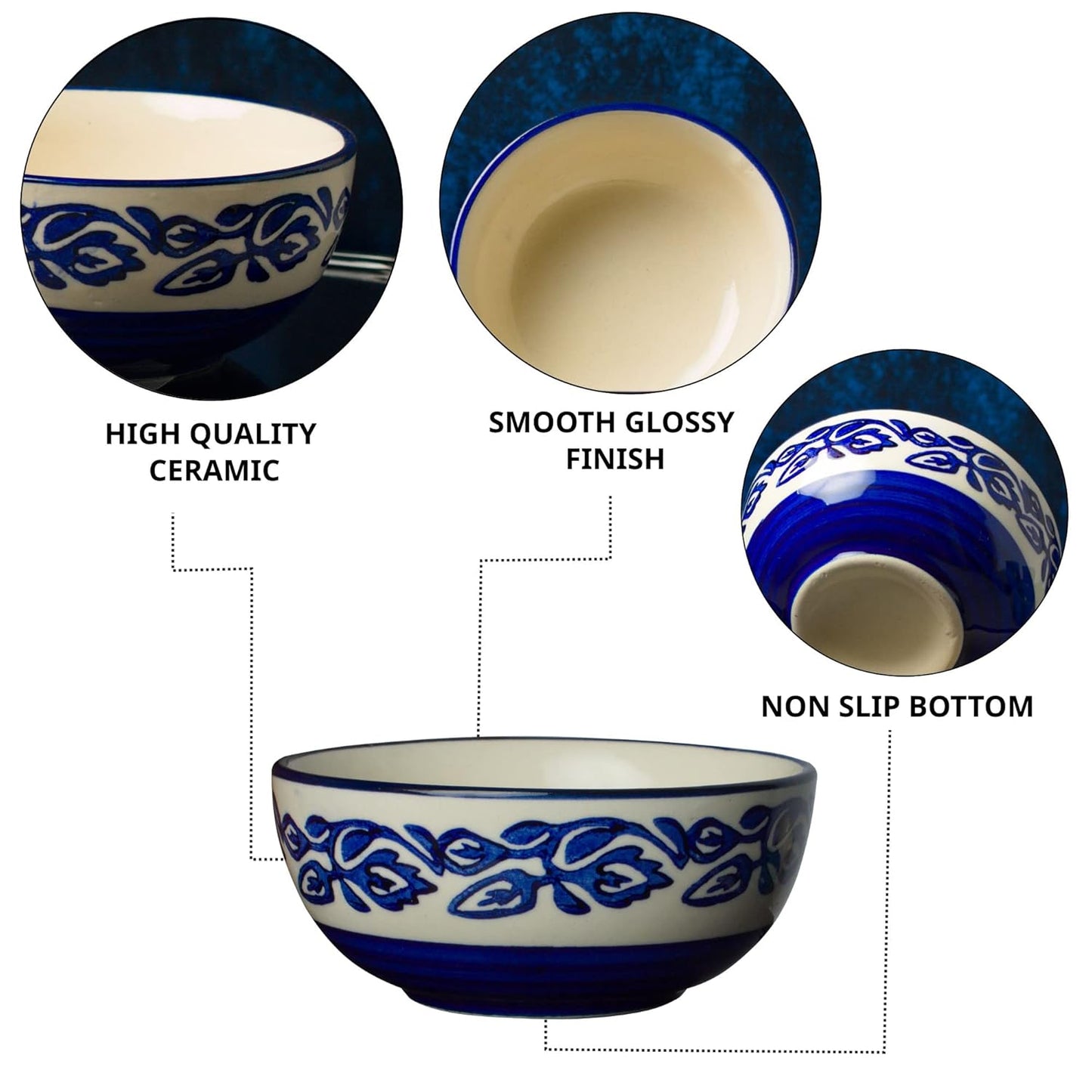 Hand-Painted Floral Glossy Blue & White Ceramic Bowl Set of 4 (150ml)